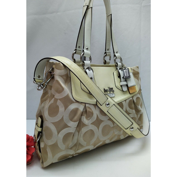 Coach Madison Beige Canvas Light Yellow Leather Trim Tote Shoulder Bag - Picture 3 of 13